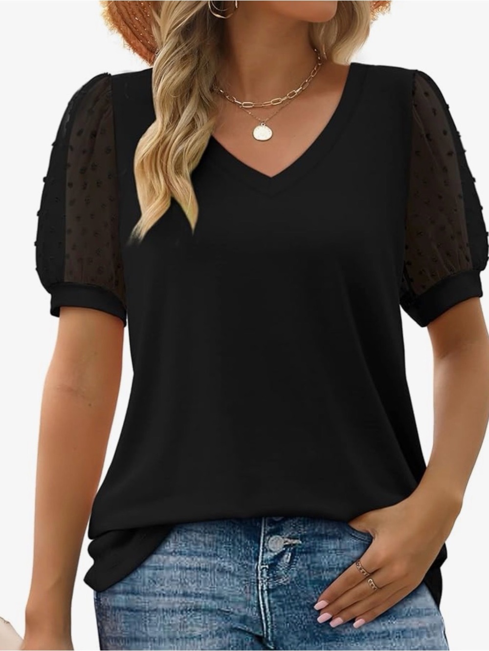 Women's Black V-Neck Top with Sheer Dot Puff Sleeves